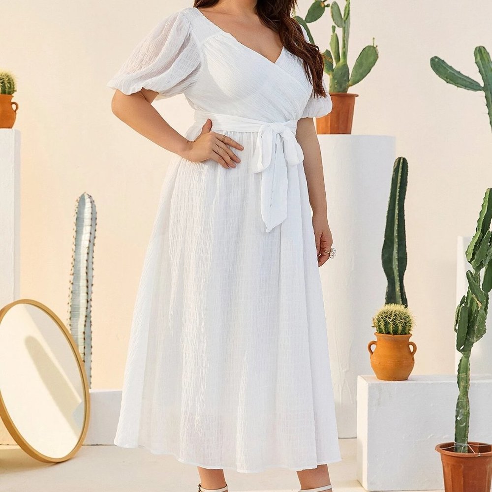 SHEIN Surplice Neck Puff Sleeve Belted Dress-Size 3XL